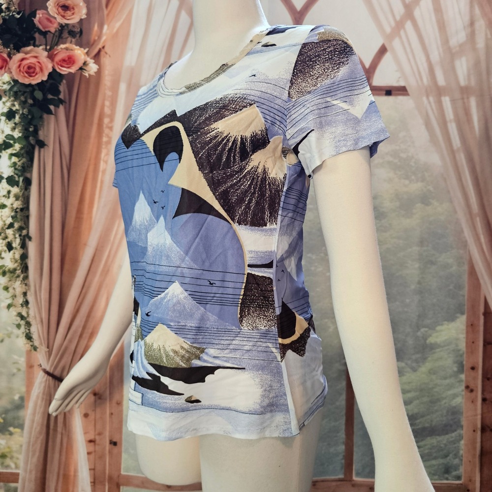 Vintage 1970s Top Shirt Merville Blue Beige Scenic Mountain Print Crew Neck - Picture 3 of 12